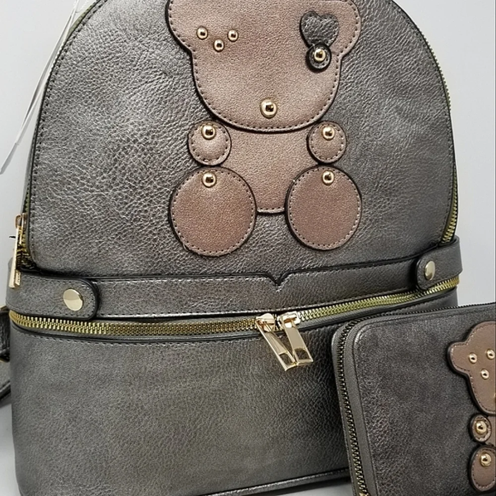 Metallic Pewter Bear Backpack and wallet set